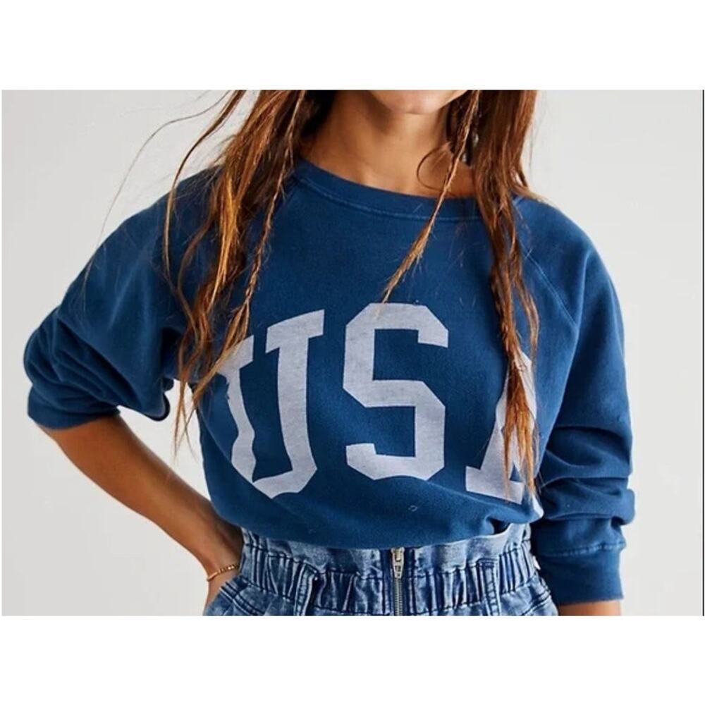Free People X Retrobrand Blue USA Pullover Sweatshirt Sz. S